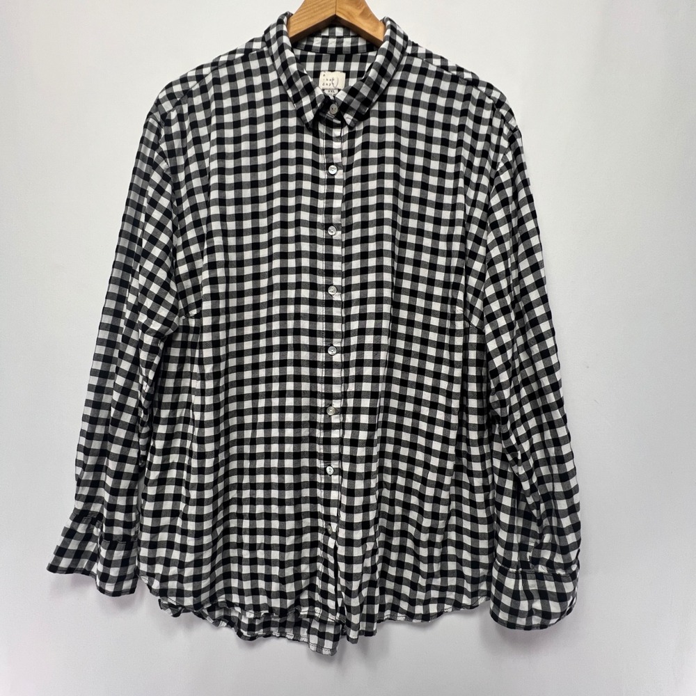 A New Day Womens XXL Black White Gingham Button Down Shirt Long Sleeve Top Rayon